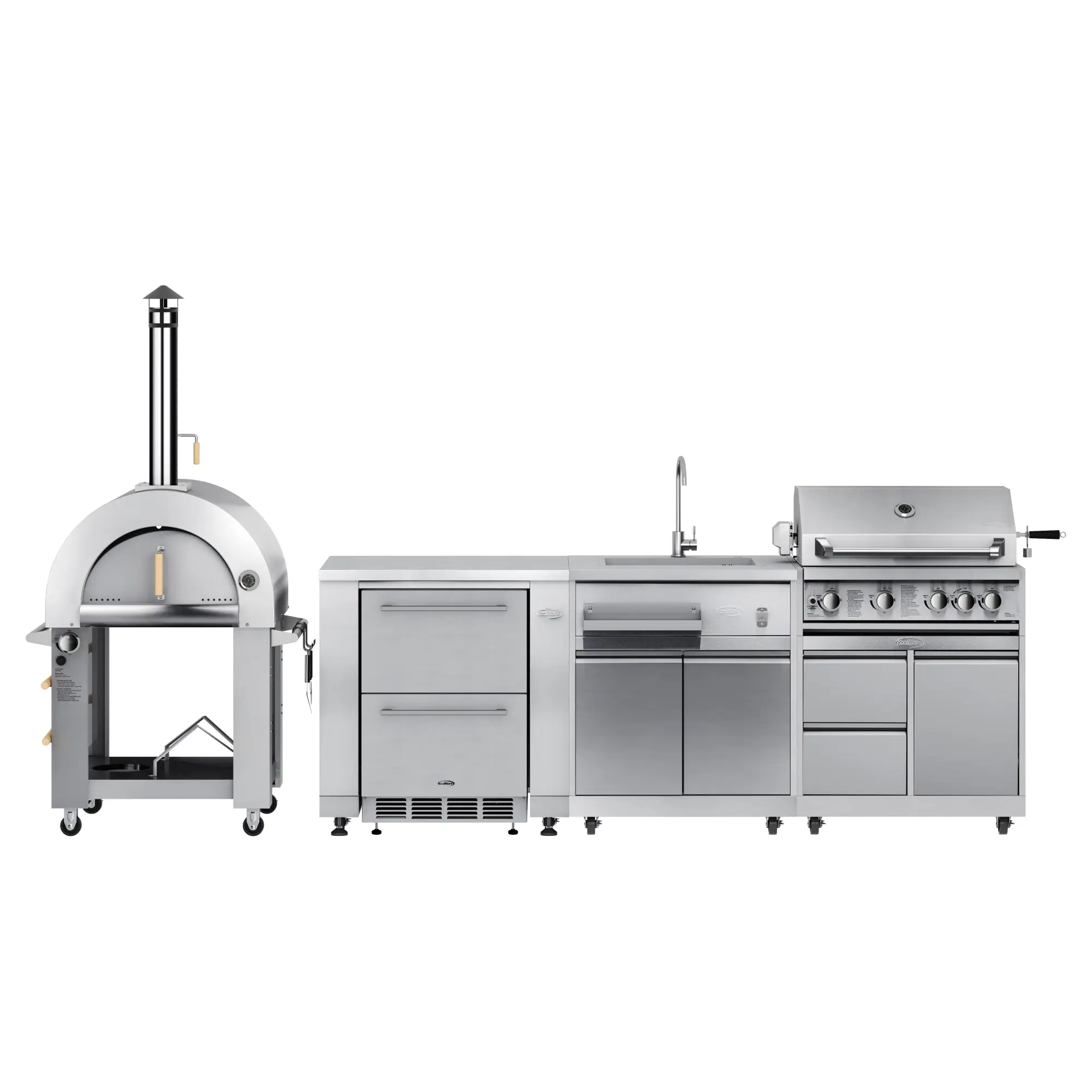 KoolMore Stainless-Steel Modular Outdoor Kitchen Series (KM-OKSKIT-CONFIG101) with 32-in CSA-Certified Gas Grill, Dual Fuel Pizza Oven, Refrigerator, Double Refrigerator Drawers, Sink, Cabinet, Bottle Opener, Waterproof Design, Gas-Powered