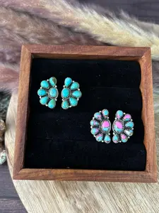 Handmade Sterling Silver Cotton Candy and Kingman Turquoise Post Studs Earrings "Signed Nizhoni"