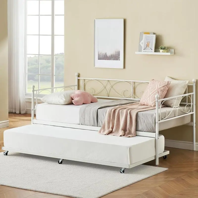 Gaomon Twin Size Metal Daybed with Pull-Out Trundle - Heavy-Duty Slats, Classical Elegant Flower Motif Design, Quick Setup, Underbed Storage Bed, Space-Saving Convenient Solution, No Box Spring Needed for Living Room, Bedroom (White)