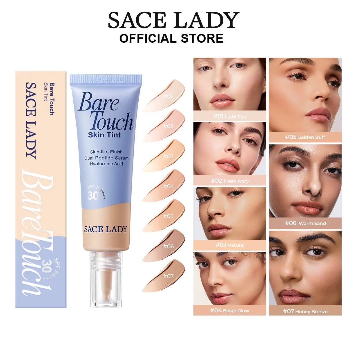 SACE LADY Bare Touch Skin Tint Sunscreen SPF 30 Foundation Silky Serum Tinted Moisturizer, 16HR Long-Wear, Lightweight Natural Matte Glow, UV Protection, Peptide & Hyaluronic Acid Infused, Easy to Blend, Daily