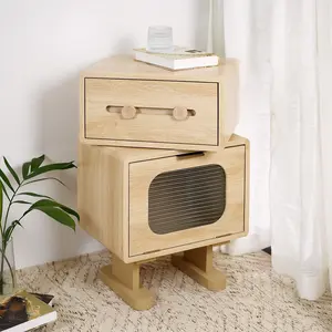 DONEXT Natural Color Robot-Shape MDF End Table - Easy Rotation, Quick Set-Up, Raised Base, Wave Glass, Storage Nightstand, Creative Side Table for Living Room, Bedroom