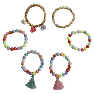 Wonder Nation Multi-Color Pastel Stretch Bracelets with Charms and Tassels, 6-Piece Set