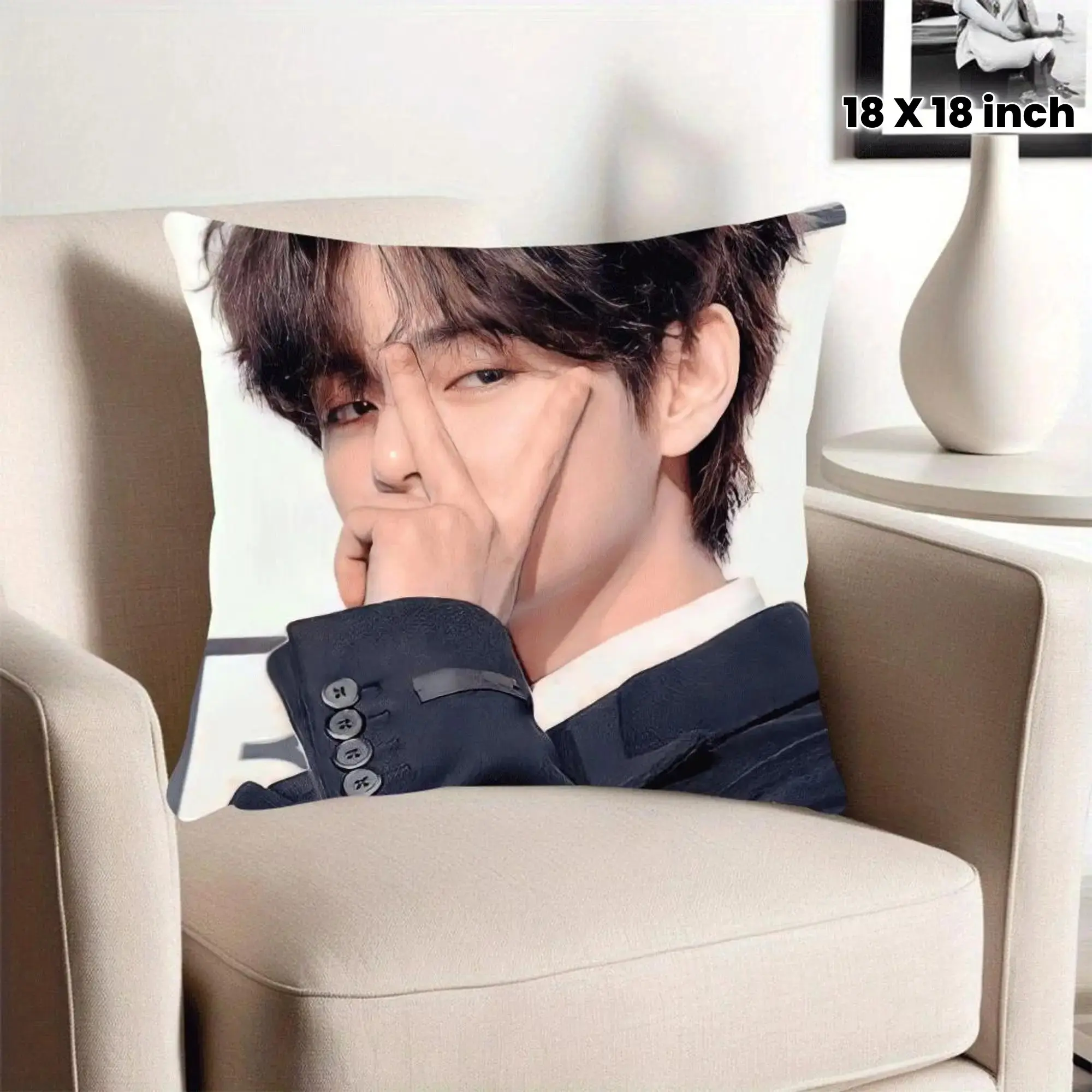 1pc BTS V Pillowcase - Contemporary Style Single-Sided Design, Zipper Closure, Machine Washable for Sofa, Living Room, Bedroom, Office Decor (Pillow Insert Not Included), Bedroom Accessory