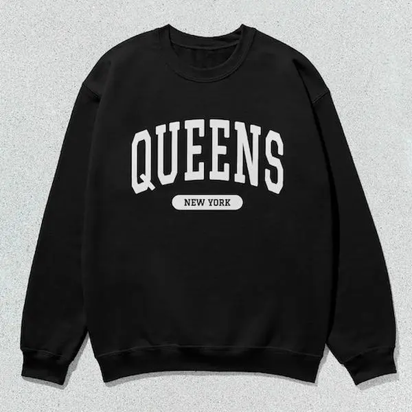 Men's Preppy Minimalist Collegiate Sweatshirt - Unisex All Seasons Long Sleeve Round Neck Pullover with Queens New York Slogan Print Casual Top, Pull On