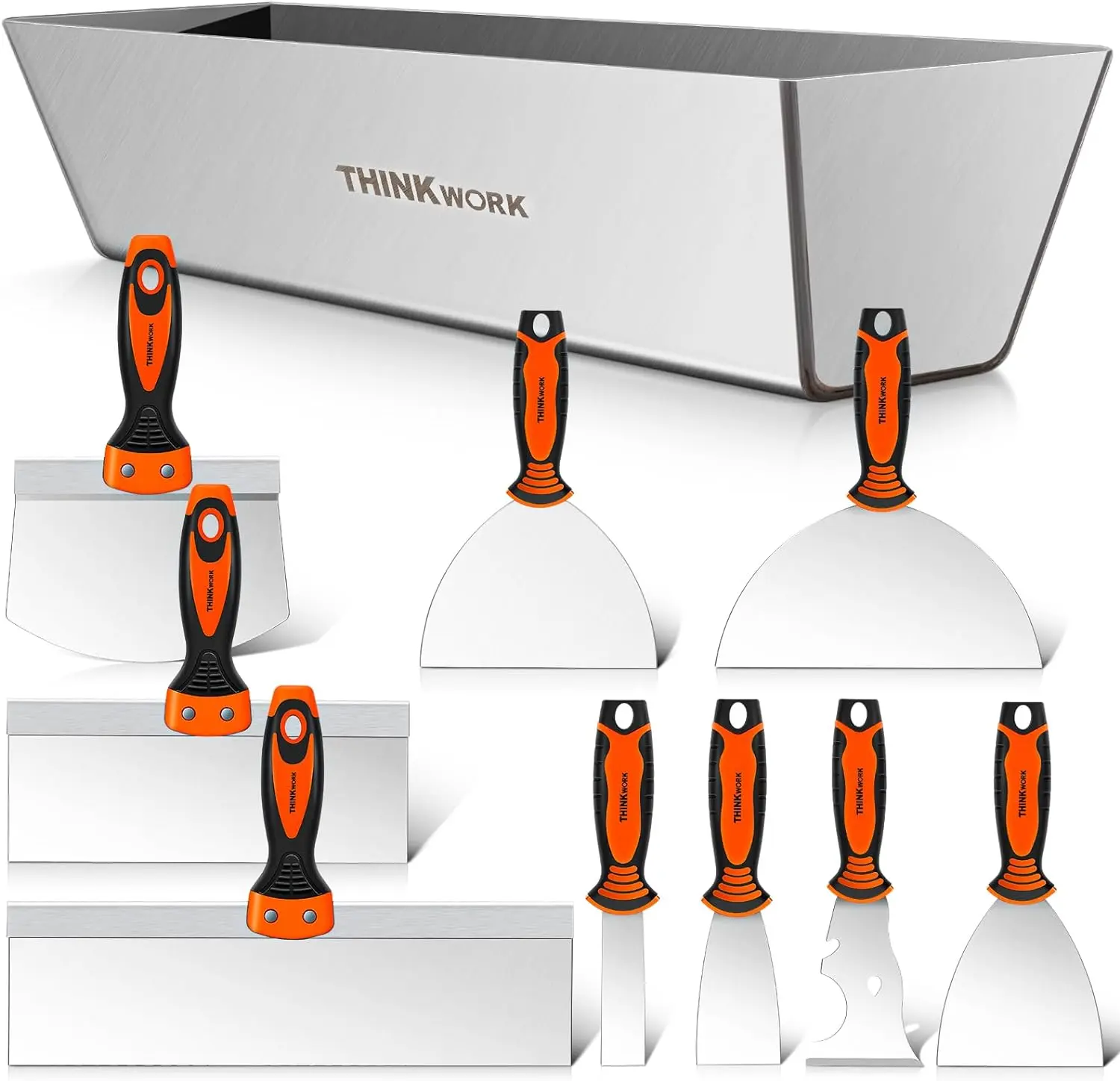 THINKWORK Drywall Hand Tool Kit 10 Pieces Stainless Steel Drywall Machine Set with Ergonomic Handle Mud Pan & Seamer for DIY Projects