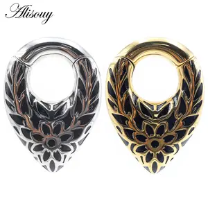 Alisouy 1PC Stainless Steel Water Drop Flower Hinged Ear Weights Expander Stretcher Plugs Gauges Earrings Body Piercing Jewelry