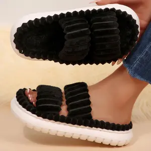 Women's Slippers Double Straps Slip On Plush Bedroom Slippers Open Toe Memory Foam Shoes