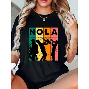 Women's NOLA Jazz Musicians Retro Color Block T-Shirt, Mardi Gras Music Festival Casual Top, New Orleans Music Lover Gift 100% Cotton T-shirt