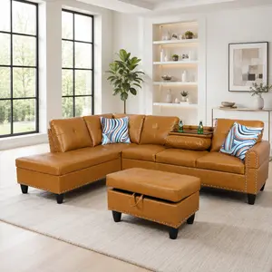 97.5" Ginger L Shaped Sectional Sofa Couch with Storage Ottoman, Modular Living Room Couch Set with Chaise, Cup Holder Table