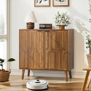 Modern Farmhouse Slatted Door Storage Cabinet Walnut Finish Wooden Cabinet Anti-Tip Design Fixed Shelf Large Capacity Sideboard for Kitchen Living Room Dining Room Office