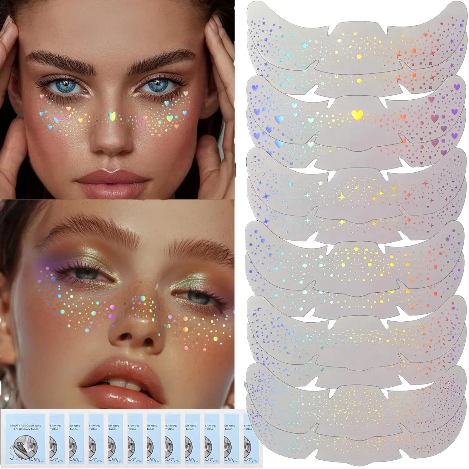 Holographic Laser Rainbow Freckle Tattoo Stickers, 12 Pcs Glitter Freckle Patches with 12 Remover Wipes, Waterproof Sweatproof Long Lasting Natural Vivid Facial Stickers for Party Festival Makeup Decor