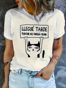 Women's Cartoon Cat & Letter Print Round Neck Tee, Fashion Casual Fitted Crew Neck T-Shirt for Daily Holiday Vacation Outdoor Wear, Ladies Clothes for Summer, Womenswear