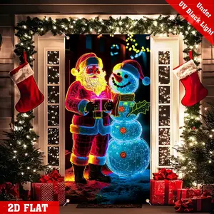 Neon Christmas Door Cover Party Banner, UV-Activated Glow-in-the-Dark with Cartoon Santa Claus and Snowman Design, Creating a Festive Atmosphere Polyester Suitable for Outdoor/Indoor Parties, New Year's Decorations, And Holiday Wall Hangings