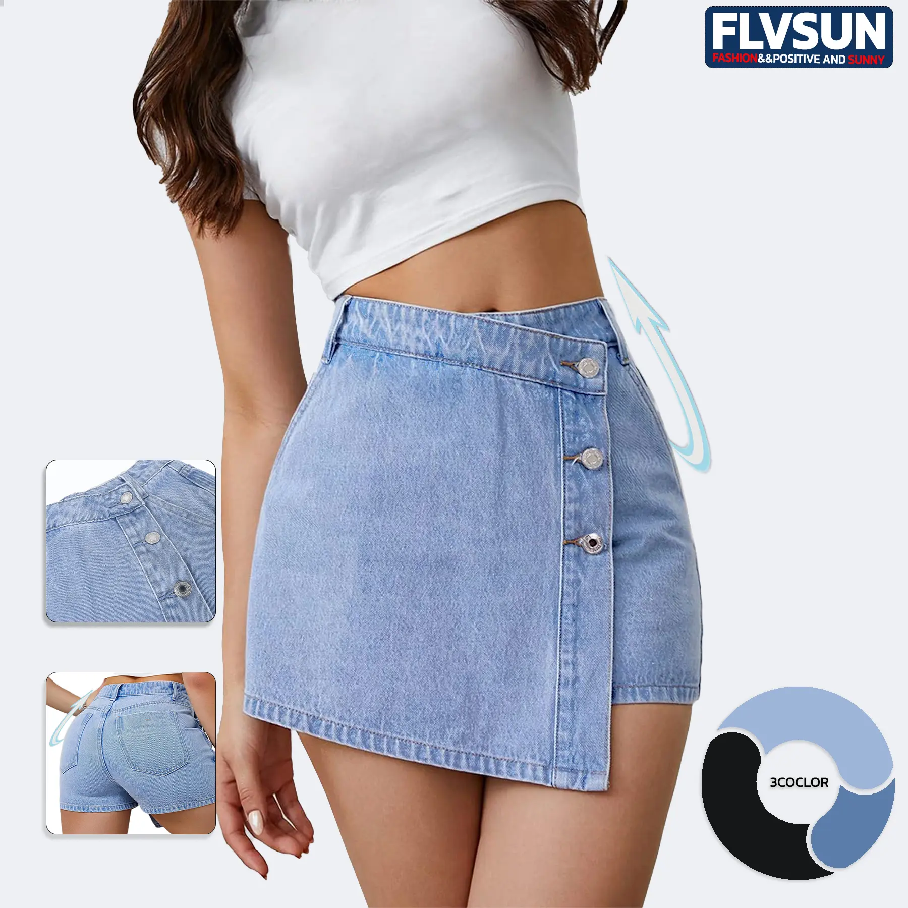 Flvsun- Jean Skorts for Woman Trendy High Waisted Stretchy Y2k Mini Skirt Denim Shorts Skort Womenswear Bottom Basic Fitted Light Blue Minimalist jean shorts sweat shorts baggyjorts Palda, Button Closure