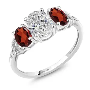 10K White Gold IGI Certified Lab Grown Diamond and Red Garnet 3-Stone Engagement Ring | 2.16 Cttw | Center Oval Diamond 1.00 Ct | D-E Color | VS1-VS2 Clarity