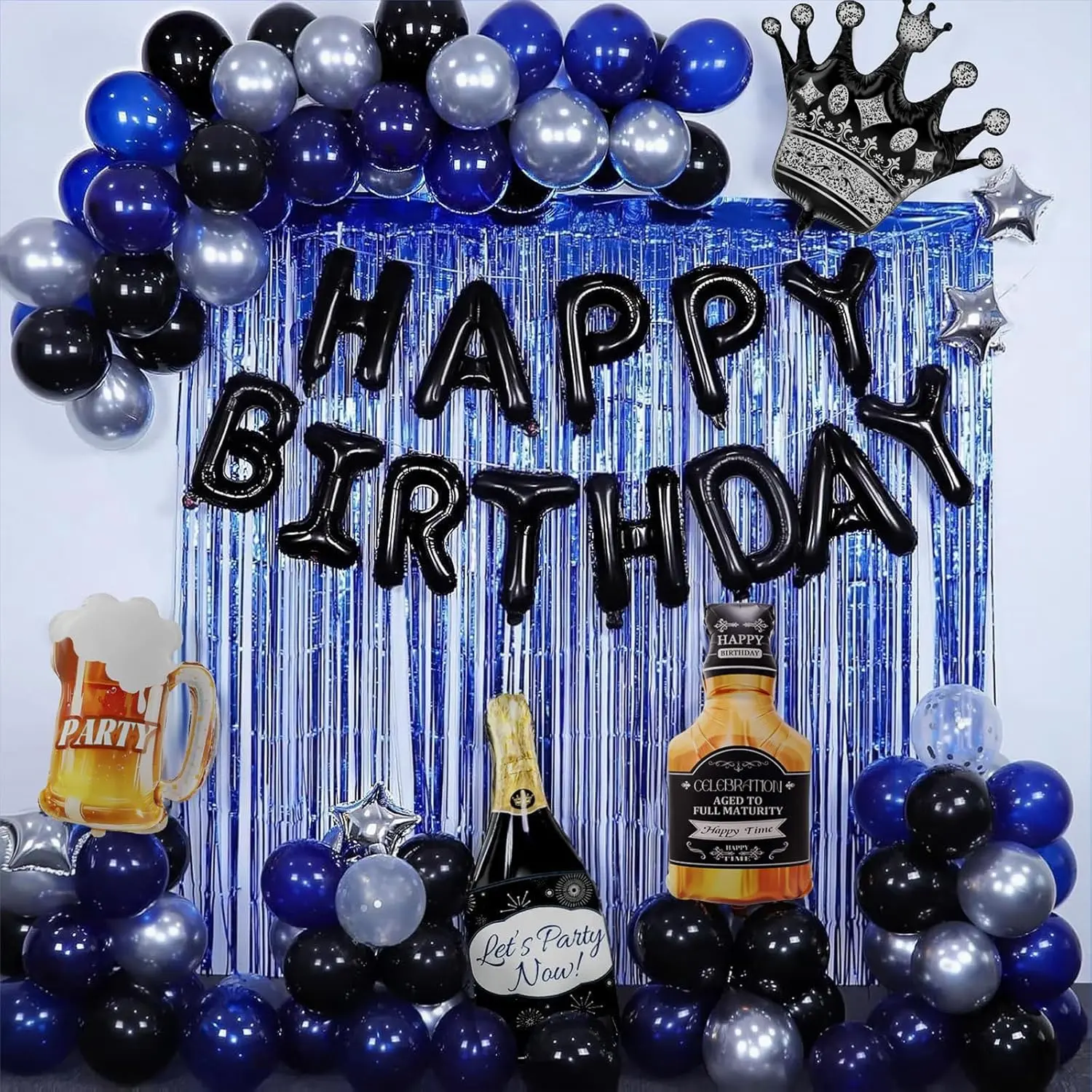 82-Piece All-Inclusive Blue & Black Solid Male Birthday Decoration Kit - Banner, Fringe Curtains, Foil Balloons, Latex Balloons, Star Garland for 21st, 30th, 40th Celebrations