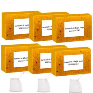 Turmeric & Kojic Brightening Soap with Foaming Mesh, 6 Counts/set Mild Cleansing Body Wash Soap Bar, Body Care Soap for Men & Women, Turmeric Spots Soap