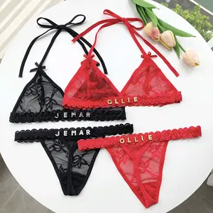 Personalized Name Thong & Bra set - Womens' Custom Thong & Bra set with Silver or Gold Rhinestone Letters - distintive lace Lingerie set Gift for her