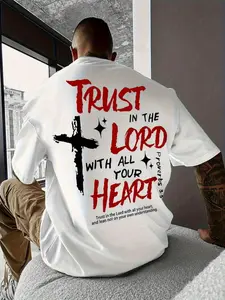 Men'S Plus Size Pure Cotton Short Sleeve T-Shirt - Proverbs 3:5 'TRUST IN THE LORD' Print, Religious Christian Top, Soft 100% Cotton, Oversized Fit, Breathable & Machine Washable, Vintage Streetwear Style for Daily & Work Wear, Ideal Gift for Big & Tall,