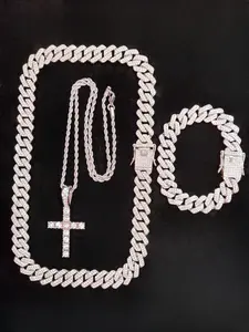 Rhinestone Cross Pendant Chunky Chain Necklace & Bracelet for Women & Men (3counts), Fashion Jewelry for Party, Daily Clothing Decor, Birthday Gift,  Charm Necklace