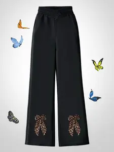 Girls' Casual Wide-Leg Pants - Cotton Blend, Leopard Print Bow Design, Elastic Waist, Fashionable Wild Style, Soft & Durable, Daily Wear, Machine Washable