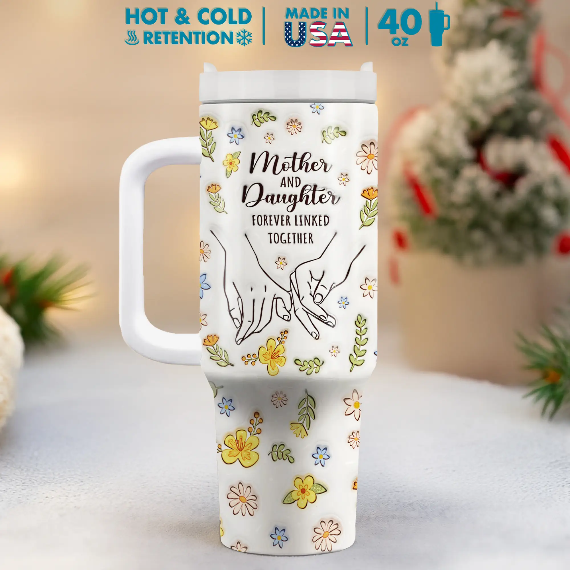Gift - Mother And Daughter 40 Oz/ 20 Oz Stainless Steel Tumbler With Handle, 3D Inflated Effect Printed Coffee Cup, Gift For Mother's Day