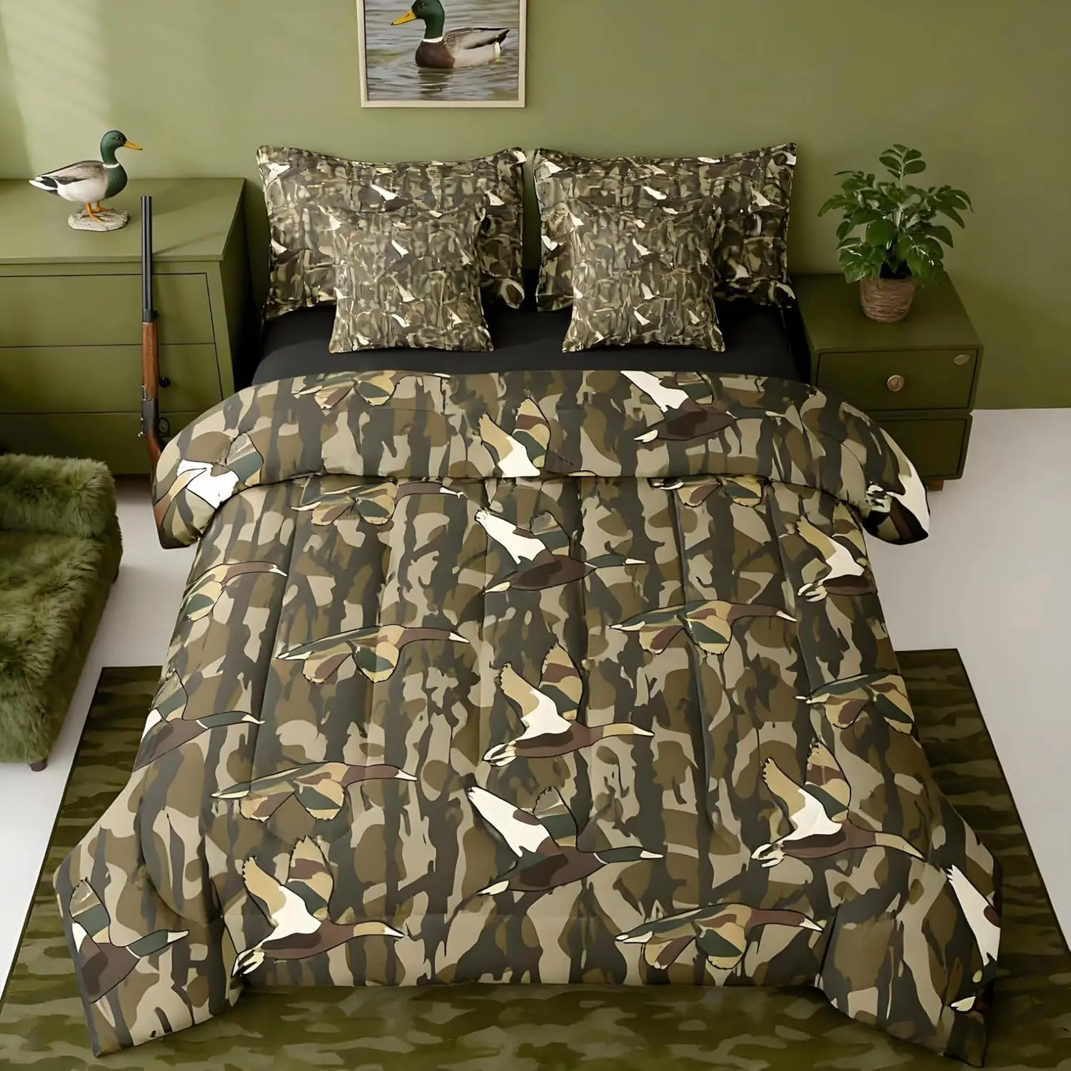 Duck Camo 7 Piece Bedding Set Kids Wild Duck Camouflage Comforter Set with Sheets,Pillowcases & Cushion Cover for Girls Hunter Camo Bed in a Bag Breathable Soft Military Room Decor