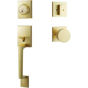 Modern Satin Brass Front Door Handle Entry Door Lock with 3 Keys Single Cylinder Deadbolt Exterior Door Knob Set Reversible for Left and Right Hand