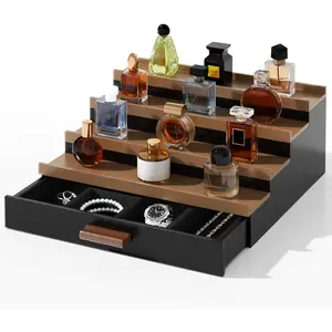 4 Tier Cologne Organizer for Men, Wooden Cologne Stand, Perfume Display Stand with Felt Lining Drawer & 2 Hidden Compartments, Gift for Men, Walnut