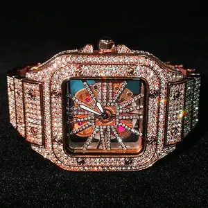 MEN'S FULLY ICED BAND LUXURY WATCH SIMULATED DIAMOND ROSE GOLD FINISHED SKELECTON DIAL SQUARE BLING, REMOVABLE LINKS