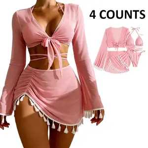 New Women's Modest Slimming 4-Piece Bikini Set, Solid Color, Tassel Mesh Cover Up & Skirt