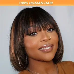 2025 Wholesale Arrivals ArrivalsWomen'S Natural Look Short Bob Wig - Glueless Brazilian Virgin Human Hair, 150% Density High Volume, No Glue Needed, Rose Net Cap for Secure Fit - Everyday & Special Events - Elegant Brown Bob Cut with Bangs - Machine-Made