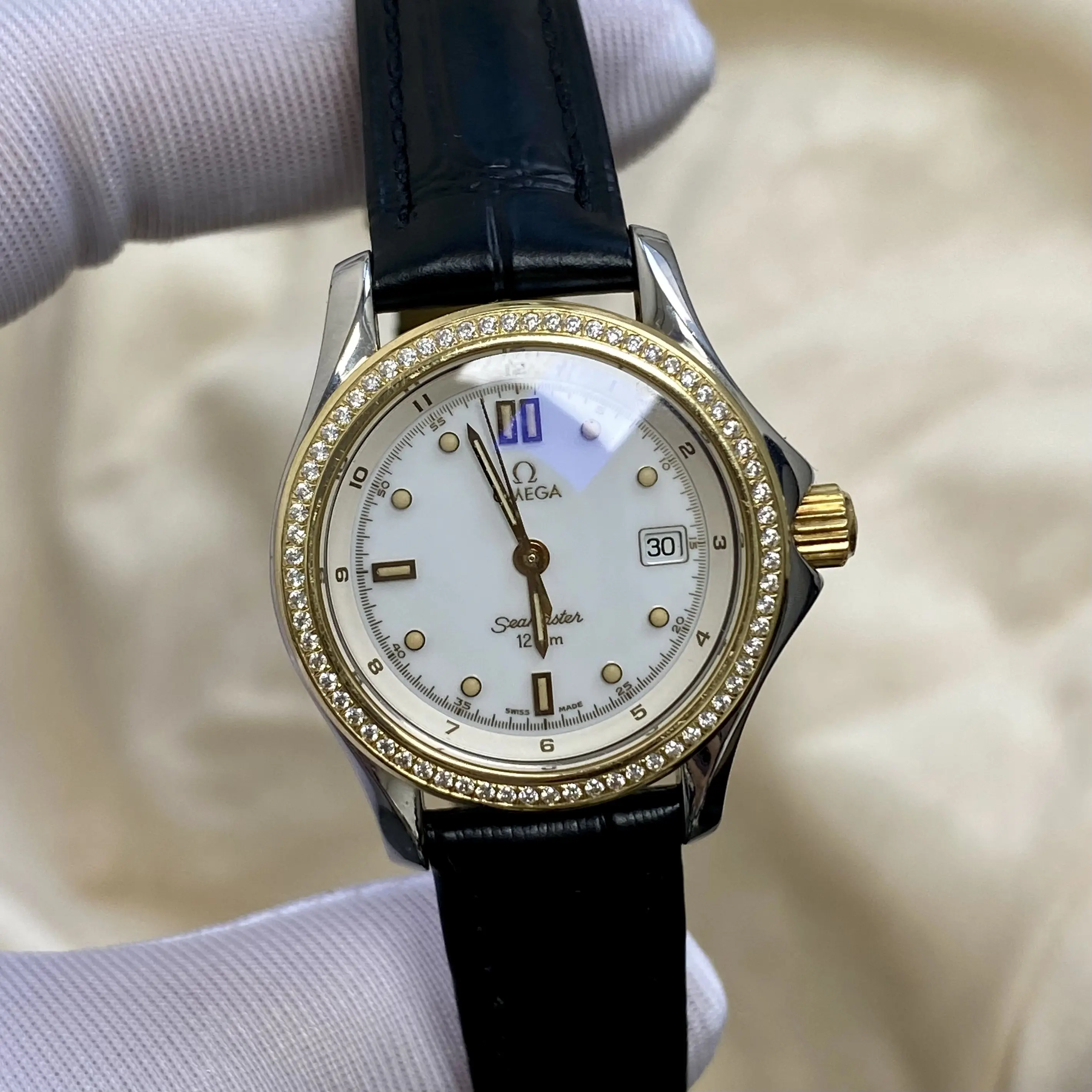 Omega Seamaster 120m 27mm Stainless Steel - 18K & Stainless Steel, aftermarket diamond bezel, quartz watch