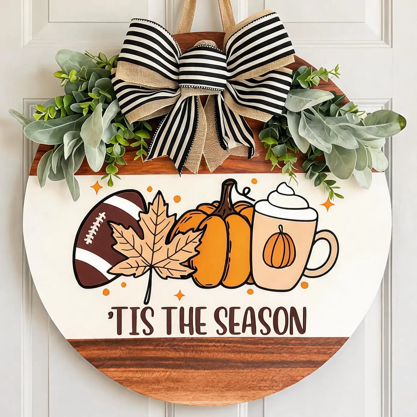 Rustic Farmhouse Welcome Door Hanger - 2026 Fall Door Decor, Lightweight Pumpkin Coffee Cup & Football Accents, Thanksgiving Harvest Porch Ornament, Autumn Housewarming Gift