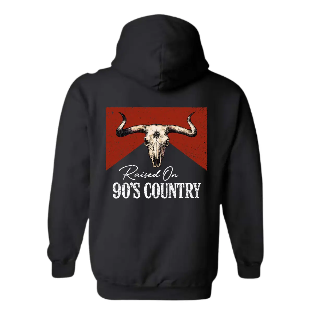Raised on 90’s Country Hoodie - Vintage Bull Skull Western Graphic Design, Perfect for Country Music Fans, Cowboys and Western Lifestyle Lovers, Unisex Hoodie