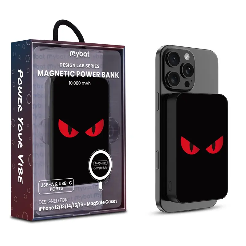MyBat Design Lab 10000mAh Chargeable Magnetic Wireless Power Bank, Black with Red Eyes, for iPhone 12-16 & MagSafe Cases, Mobile Smartphone Device Accessories
