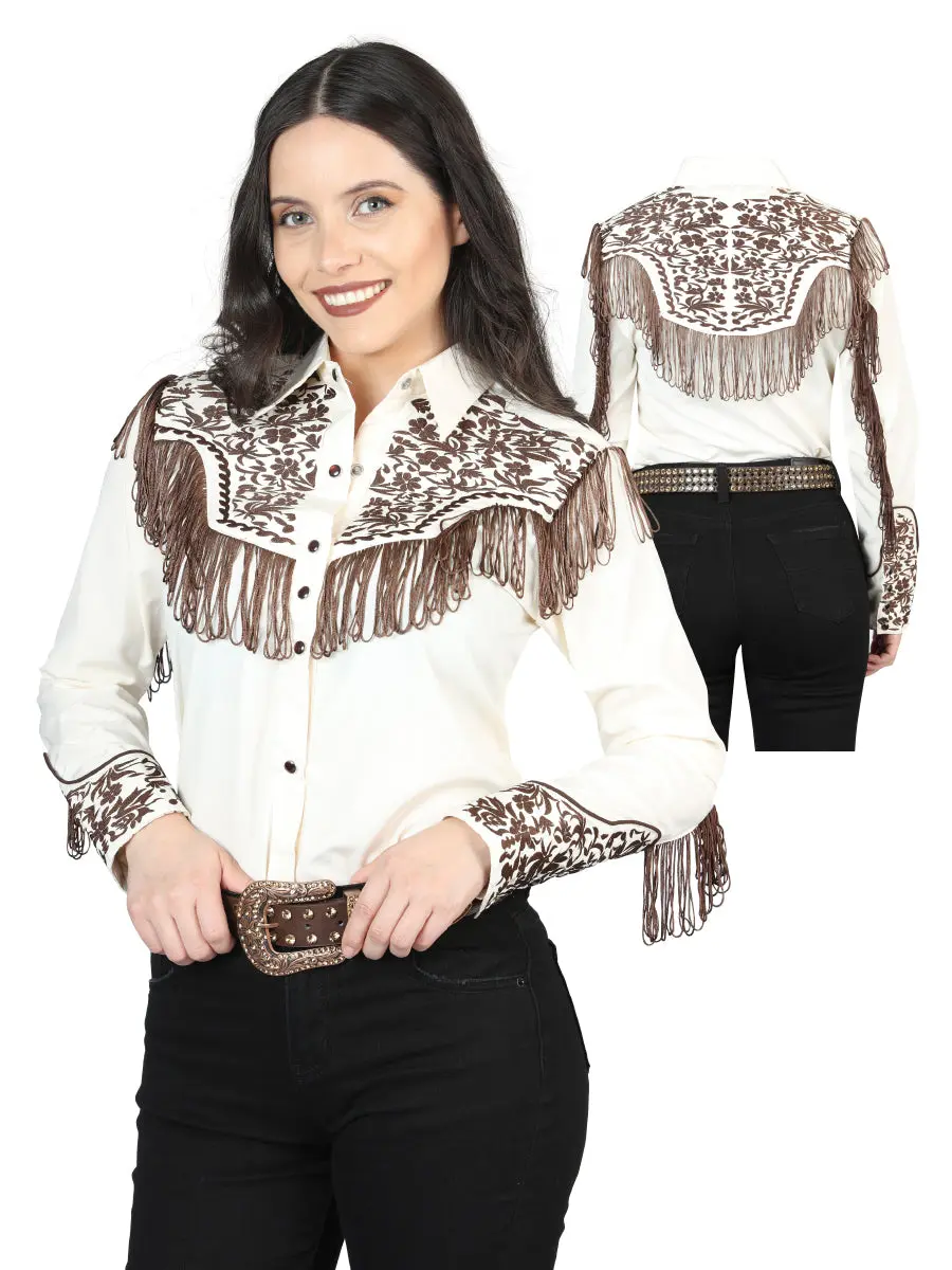 Women's Traditional Embroidered Western Shirt - Fringe Beige/Brown 44180