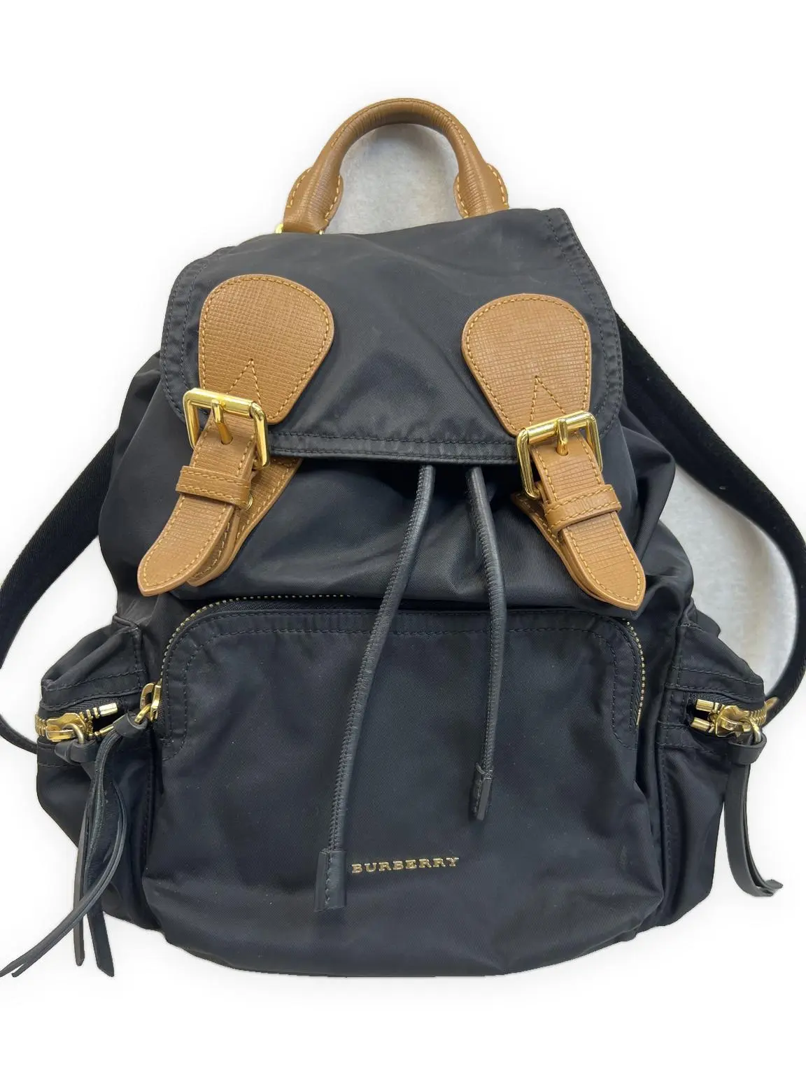 Pre-owned BURBERRY Nylon with leather trim Backpacks Nylon Backpack with Leather Trim, Black with Tan Accents, Gold Lightweight Rucksack, Very Good Condition, S014260420034, Black With Tan Leather Accents