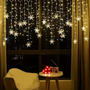 Christmas Snowflake Window Curtain String Lights, 13ft 96 LED Fairy Lights USB powered Snowflake Icicle Lights Indoor Outdoor Twinkle Lights Decorations for Bedroom Party Patio Room Garden Home Xmas Tree Decorations (Not Including Batteries)
