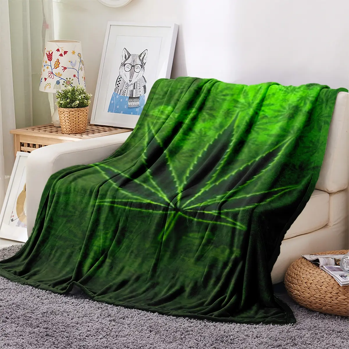 Luxury Leaf Print Flannel Blanket, Soft Polyester Fiber Throw for Bed Sofa Outdoor Travel Gift, Modern Style Home Decor, Throw Blankets