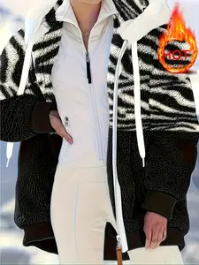 Women's Autumn Winter Plush Hooded Jacket, Zebra Print Loose Fit Coat, Fashionable Casual Outerwear for Sports & Leisure