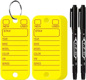 200 Pcs PVC Tags with Labels and Rings, Car Key Tags for Organization, Identifiers, and Luggage Tags with 2 Pcs Markers, Plastic Keychain Tags for Car, Truck, and Dealer Use (Yellow)