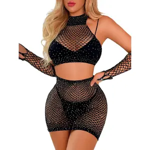 Rave Outfits for Women Festival,Glitter Rhinestone Fishnet Skirt Set,Sexy Mesh Swimsuit Cover Up Pool Party Outfit