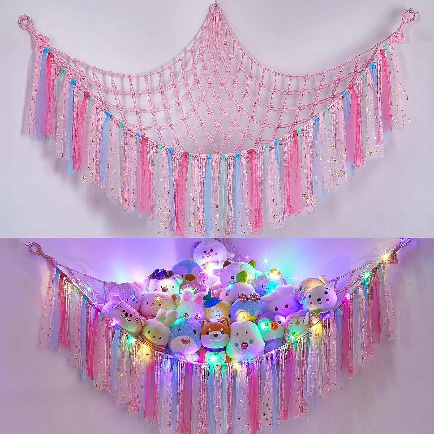 1-Pack LED-Lit Stuffed Animal Hammock - Foldable Colorful Lace Wall-Mount Organizer, Nursery & Kids' Playroom Storage for Organizing Alternative to Storage Baskets