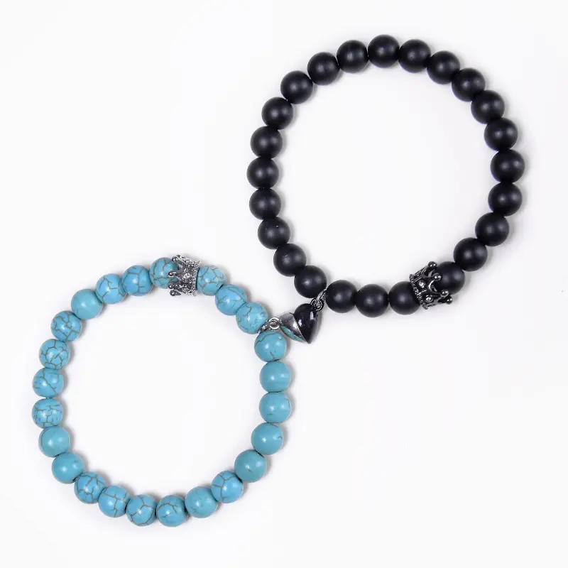 Couple's Magnetic Beaded Bracelets Set - Crown Charms, His & Hers Stone Beads, Metal-Coated Magnetic Bangle Jewelry, 6.6-8.2 Inches Elastic Length, Casual Wear Anniversary Valentine Gift, Metal Coating, Birthday, Christmas, Daily