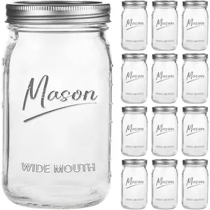 Mason Jars 32 oz,12 Pack Quart Wide Mouth Mason Jar With Airtight ,Glass Canning Jars for Fermenting, Pickling,Meal Prep,Overnight Oats & Centerpieces