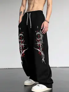 Men's Gothic Black & Red Gothic Print Jogger Pants - Loose-Fit Straight-Leg Trousers, Casual Sports Trousers with Drawstring Waist, All-Season Casual Athletic Pants for Gym, Casual Attire - Gothic Streetwear with Geometric Pattern, Relaxed Fit & Elas