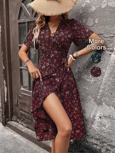 Women's Ditsy Floral Print Tie Side Wrap V Neck A Line Dress, Boho Fashion Butterfly Sleeve Midi Dress for Daily Holiday Vacation Wear, Ladies Dress for Summer