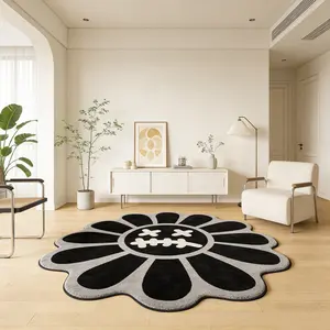 Flower shaped carpet, Floral area rug with black and white contrasting plush floor mat, gaming room anti slip and wear-resistant foot mat, bedroom bedside absorbent pad suitable for ins style, personalized home decoration