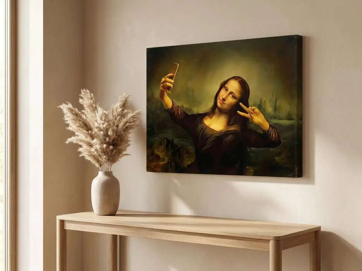 1pc framed canvas painting, Mona Lisa selfie canvas art print, interesting creative canvas painting for wall decoration, suitable for home bedroom, kitchen, living room, bathroom,hotel, cafe, office, restroom, room art canvas wall art